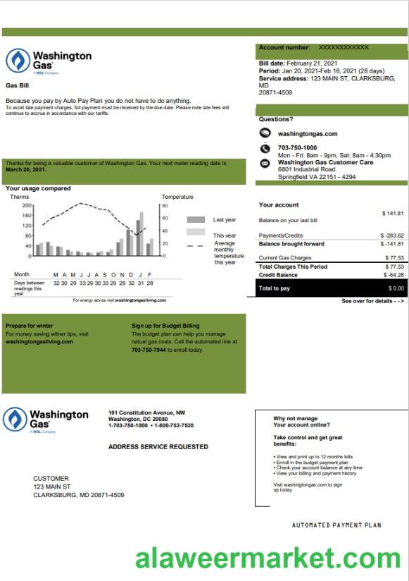 USA Washington Gas (WGL) utility bill template in Word and PDF format